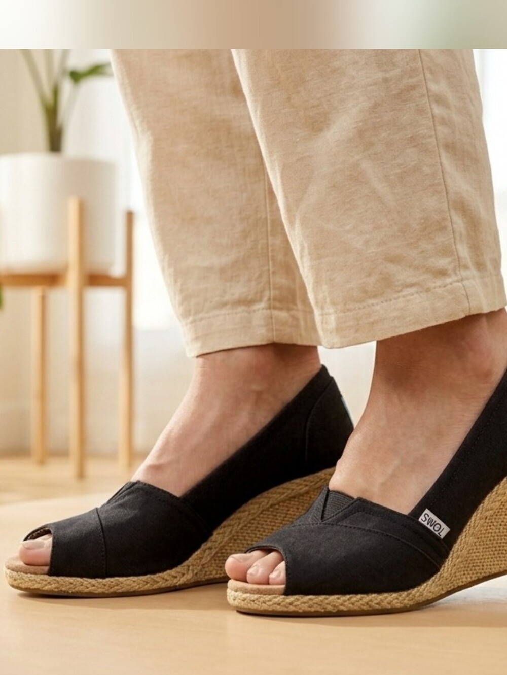 Toms Black Open-Toe Cotton Espadrille Wedge 3"Heels US 9